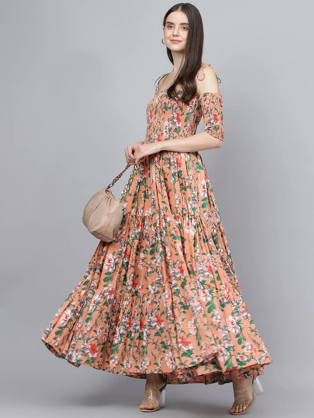 Divena Peach Floral Printed Shoulder Strips Flared Long Dress