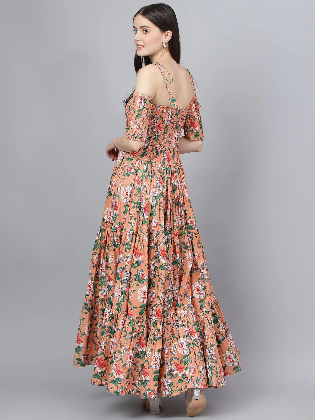 Divena Peach Floral Printed Shoulder Strips Flared Long Dress