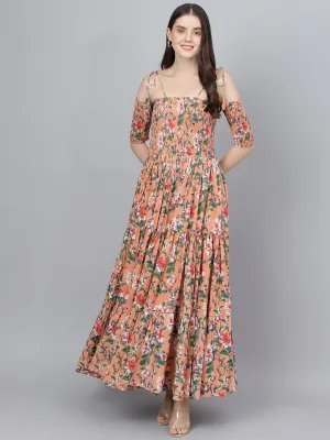 Divena Peach Floral Printed Shoulder Strips Flared Long Dress