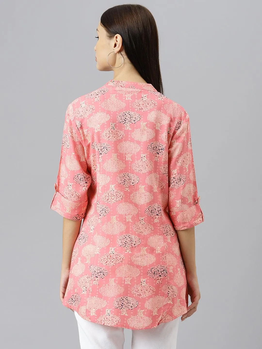 Divena Peach Floral Rayon A-line Shirts Style Top
