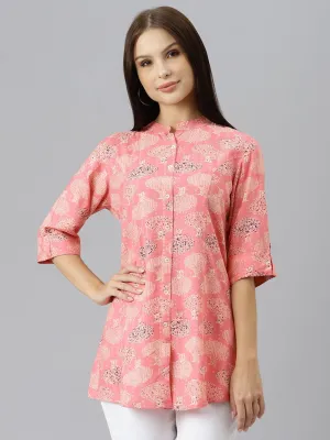Divena Peach Floral Rayon A-line Shirts Style Top