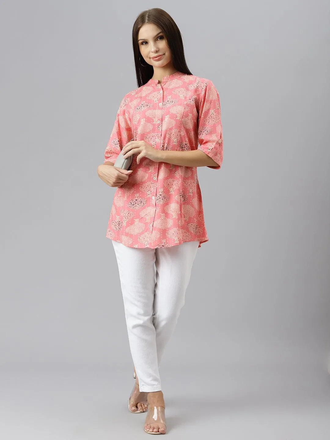 Divena Peach Floral Rayon A-line Shirts Style Top
