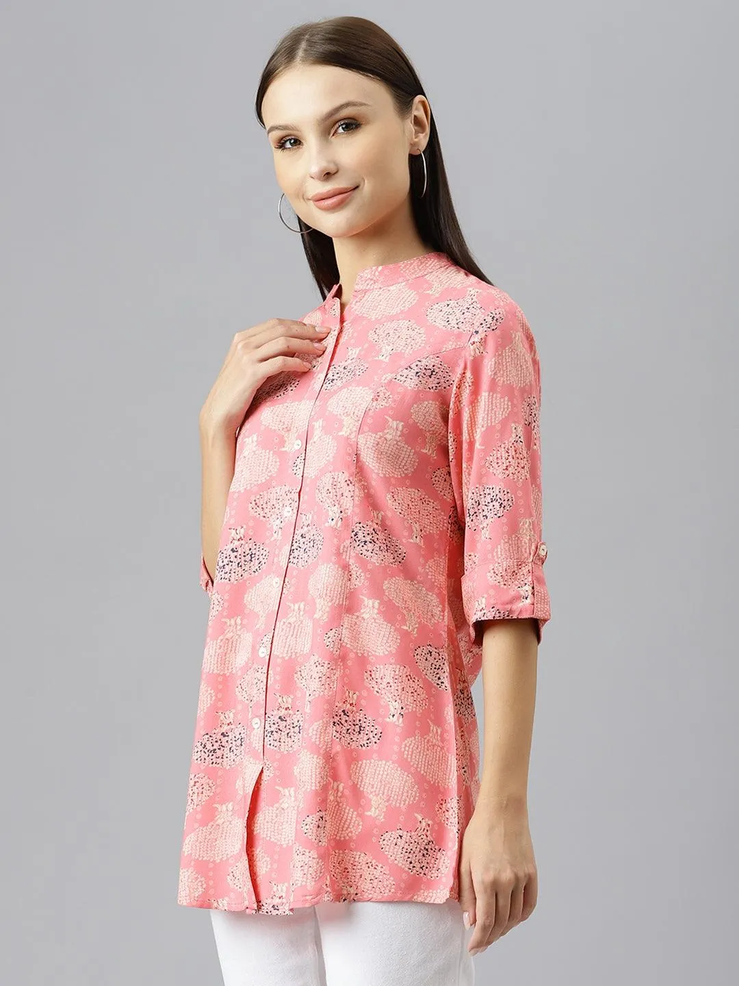 Divena Peach Floral Rayon A-line Shirts Style Top