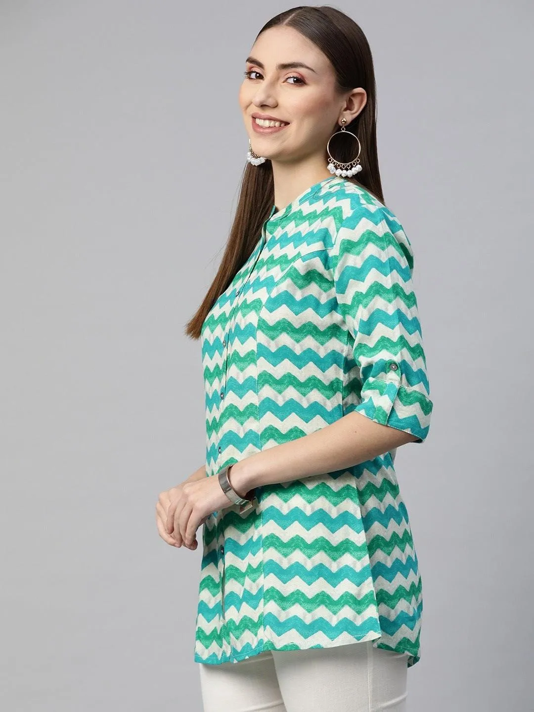 Divena Teal Blue Geomatric Rayon A-line Shirts Style Top