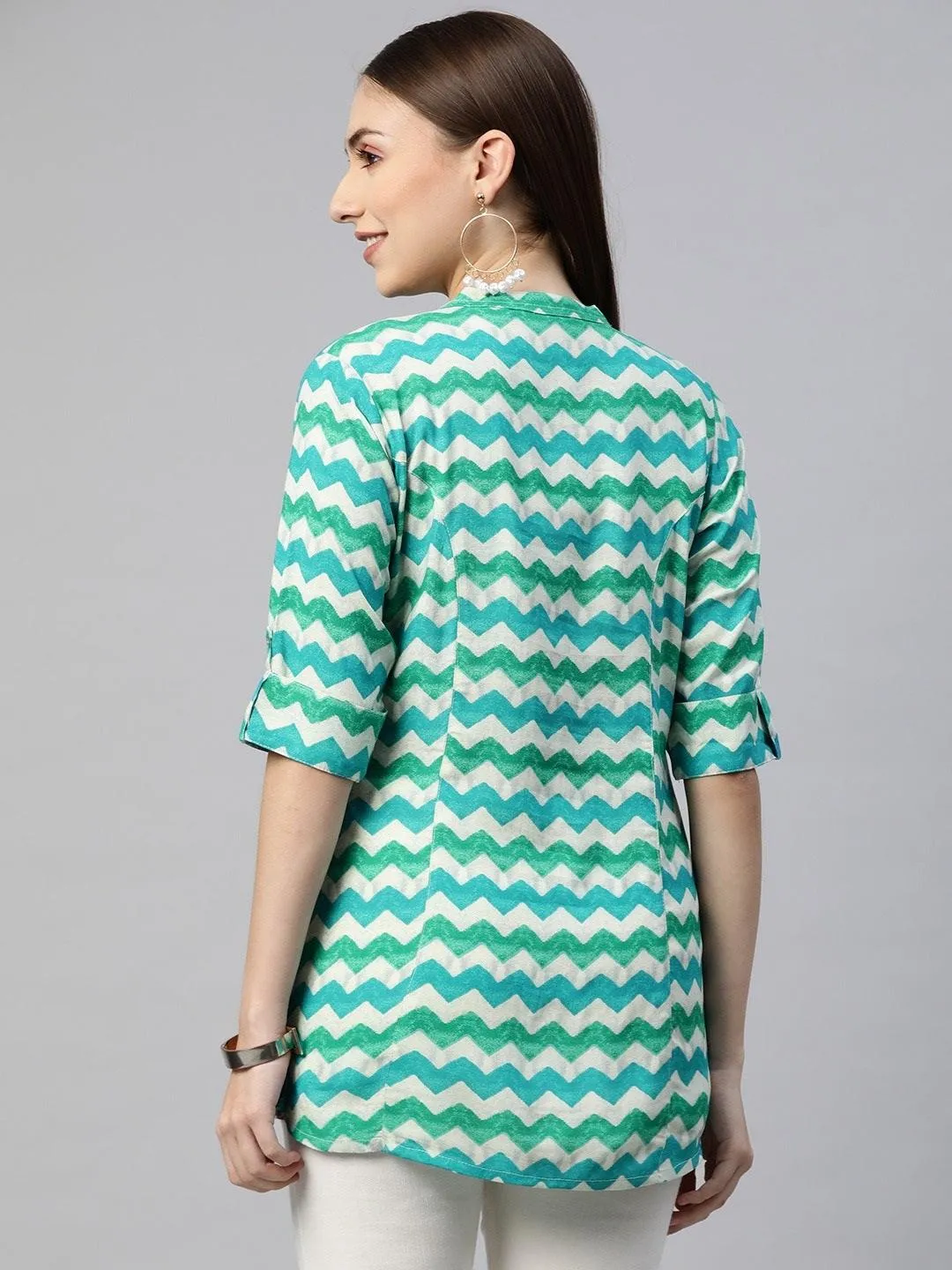 Divena Teal Blue Geomatric Rayon A-line Shirts Style Top