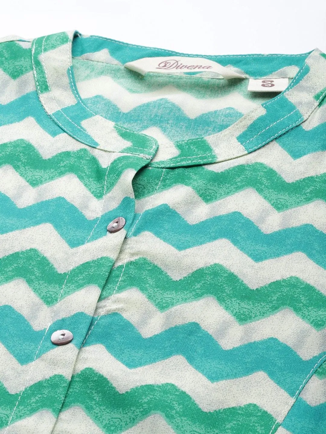 Divena Teal Blue Geomatric Rayon A-line Shirts Style Top