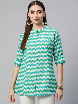 Divena Teal Blue Geomatric Rayon A-line Shirts Style Top