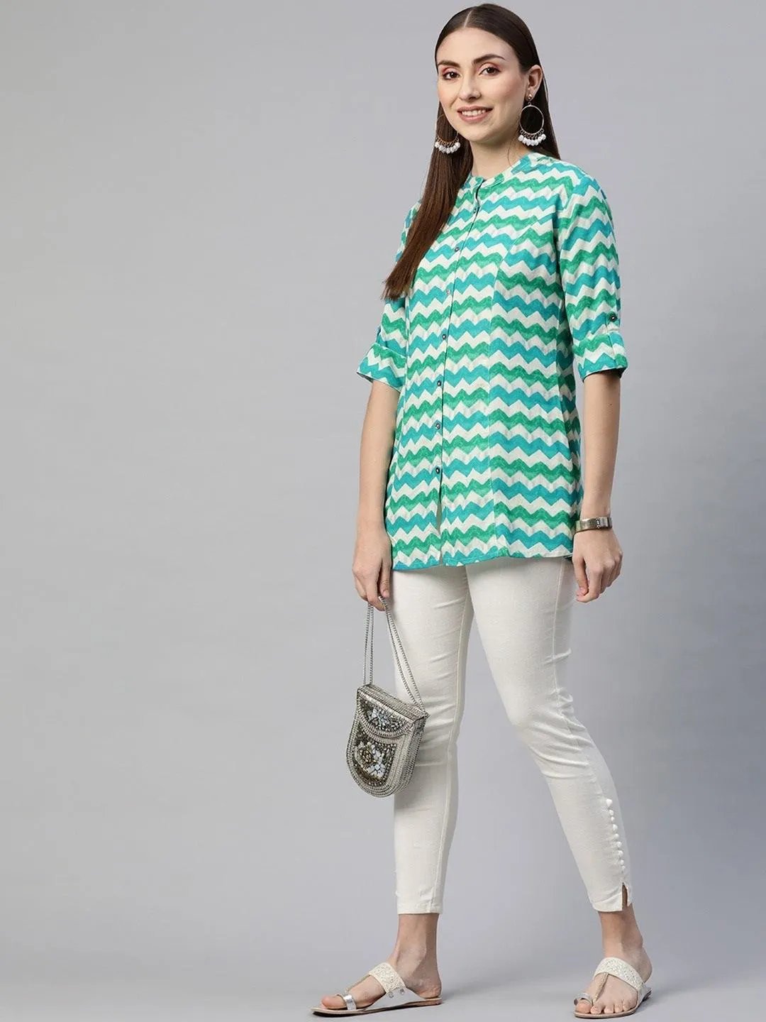 Divena Teal Blue Geomatric Rayon A-line Shirts Style Top