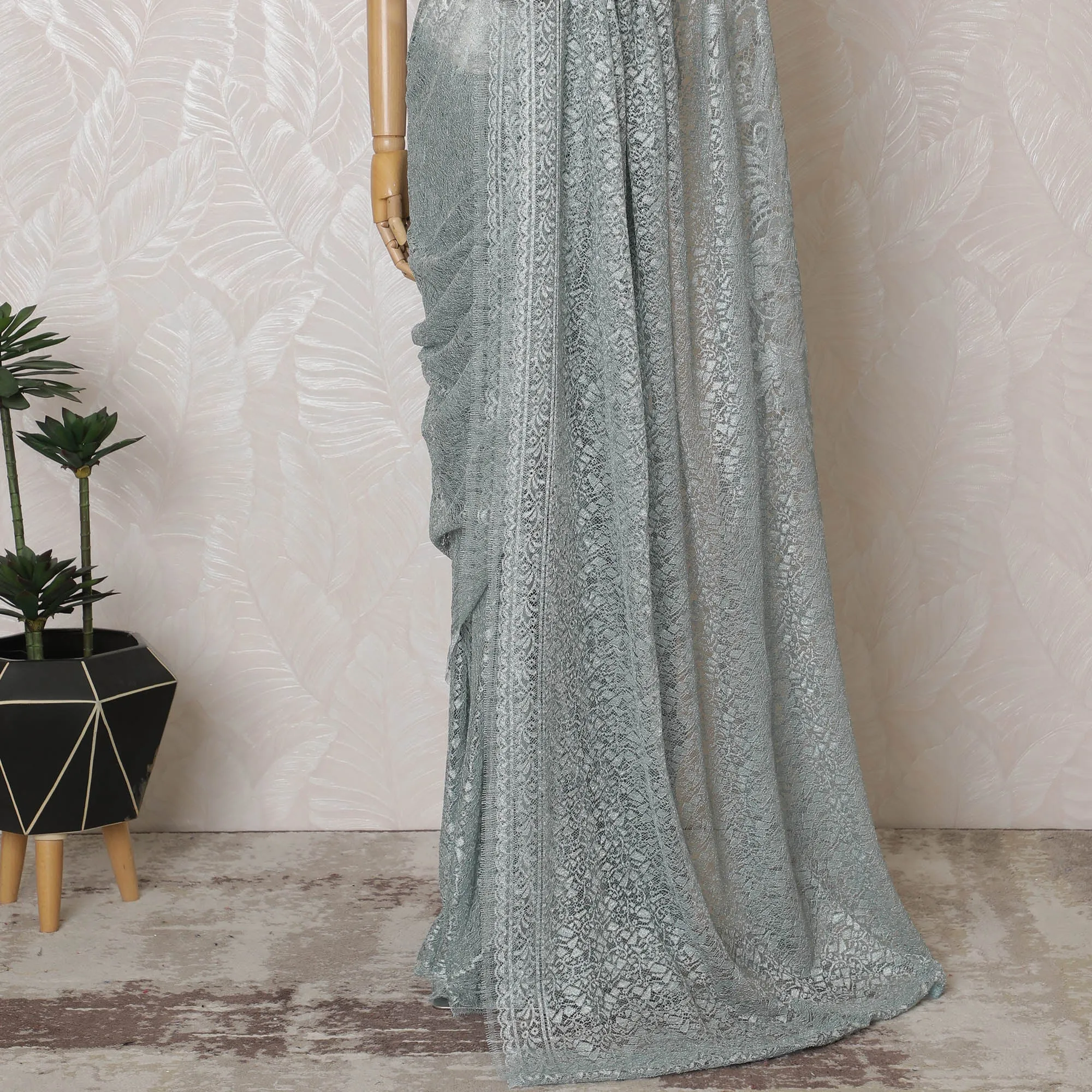 Elegant French Metallic Chantilly Lace Fabric - Pale Blue Floral Design, 110 cm Width, 5.5 Meters-D19458