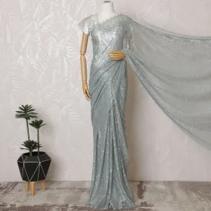 Elegant French Metallic Chantilly Lace Fabric - Pale Blue Floral Design, 110 cm Width, 5.5 Meters-D19458