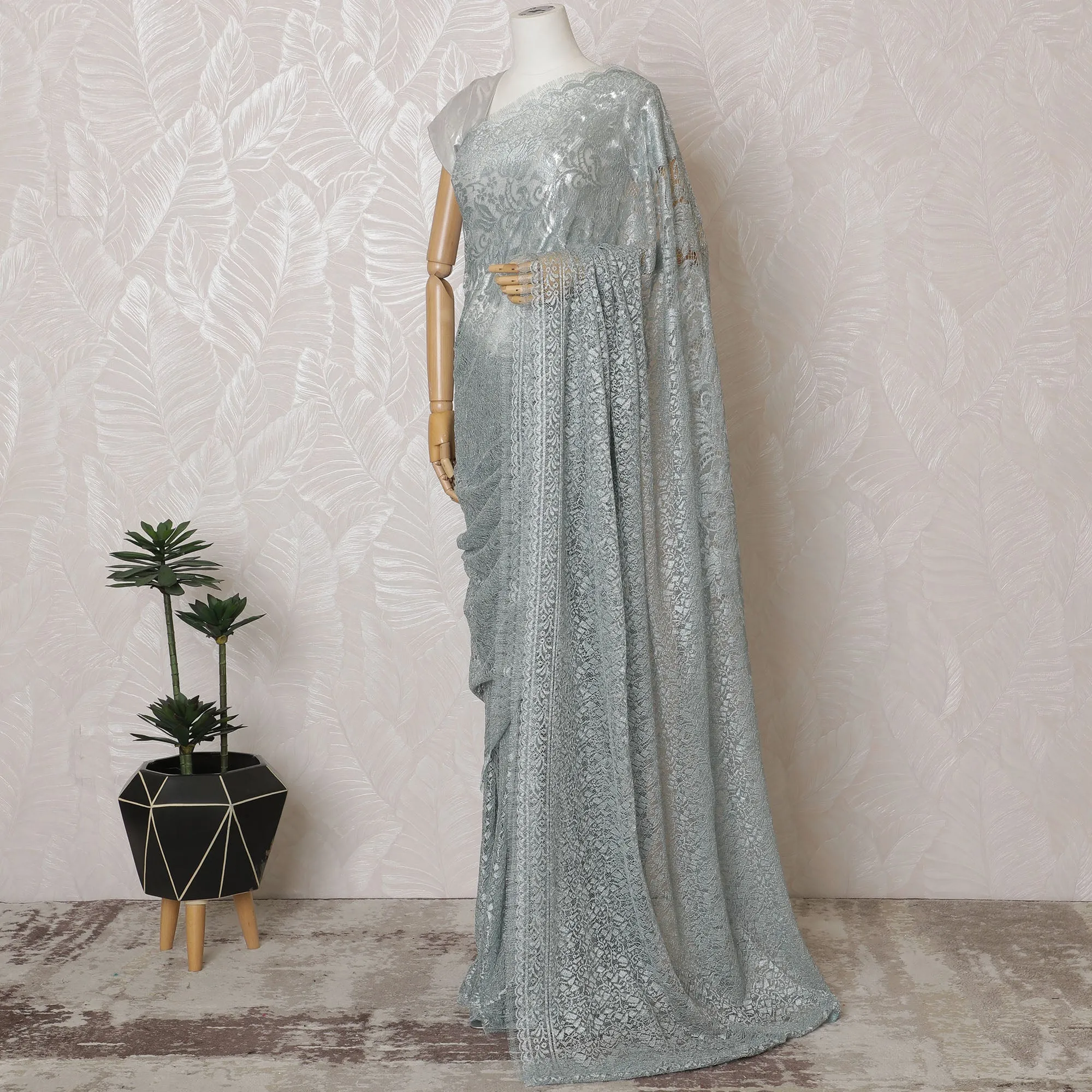 Elegant French Metallic Chantilly Lace Fabric - Pale Blue Floral Design, 110 cm Width, 5.5 Meters-D19458