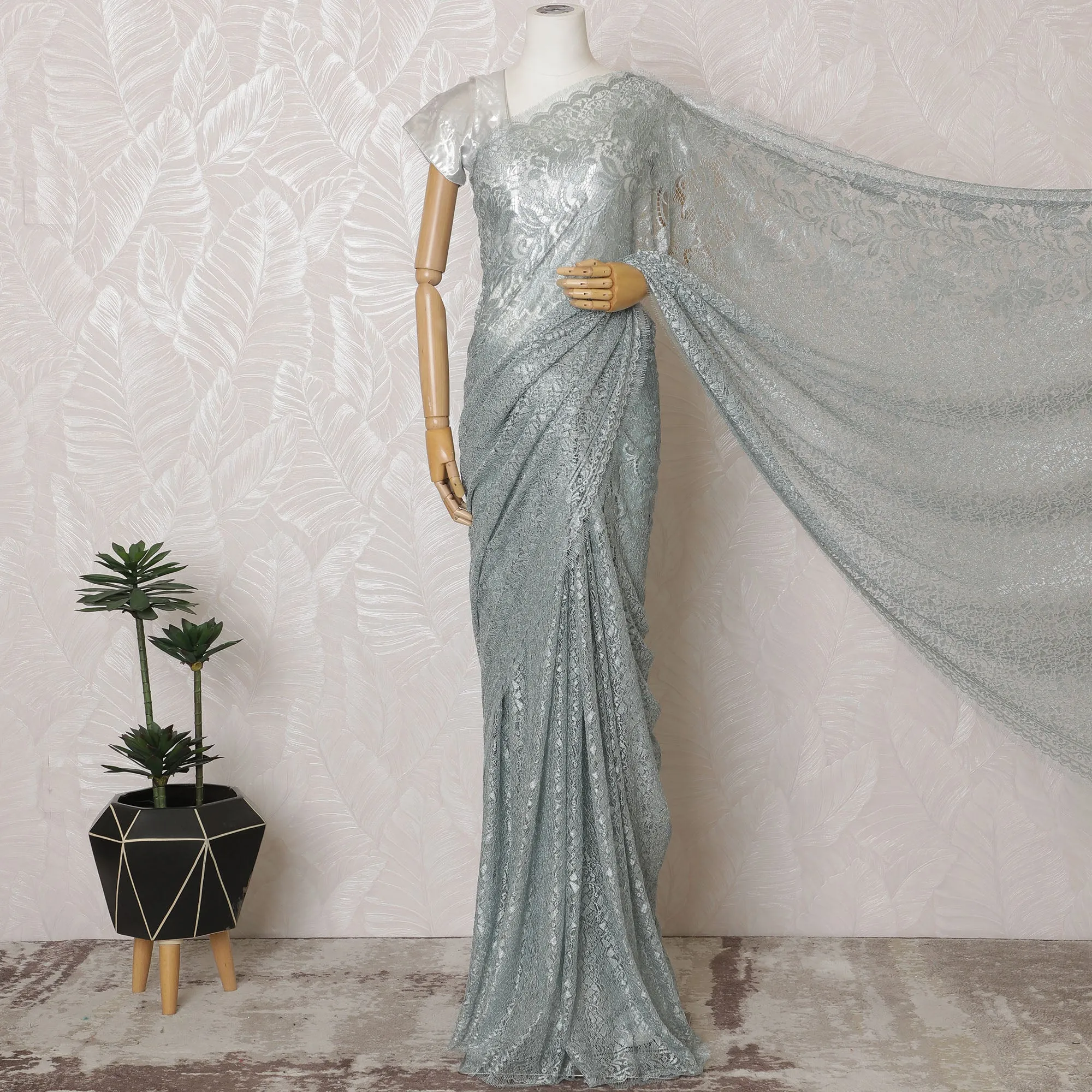 Elegant French Metallic Chantilly Lace Fabric - Pale Blue Floral Design, 110 cm Width, 5.5 Meters-D19458