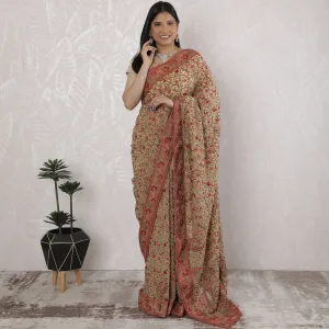 Elegant Georgette Saree with Kashmiri Embroidery in Beige and Red - 5.5 Mtrs, 110 cm-D19535