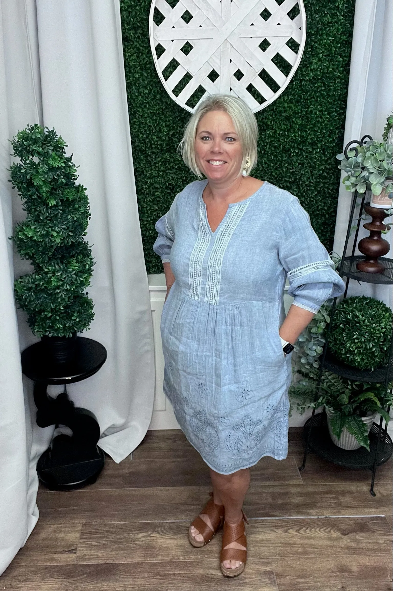 EMBROIDERED EASY FIT DRESS - HEATHER BLUE