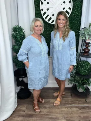 EMBROIDERED EASY FIT DRESS - HEATHER BLUE