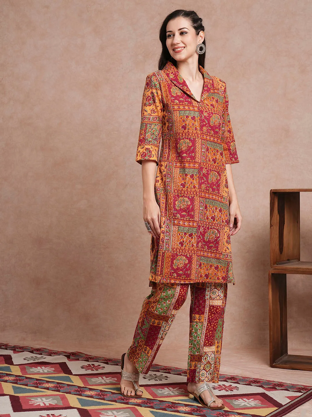 Ethnic Geometric Printed Straight Fit Co-ord Set - Multi