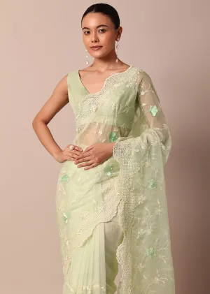 Green Chikankari Saree In Organza Silk With Resham Floral Jaal