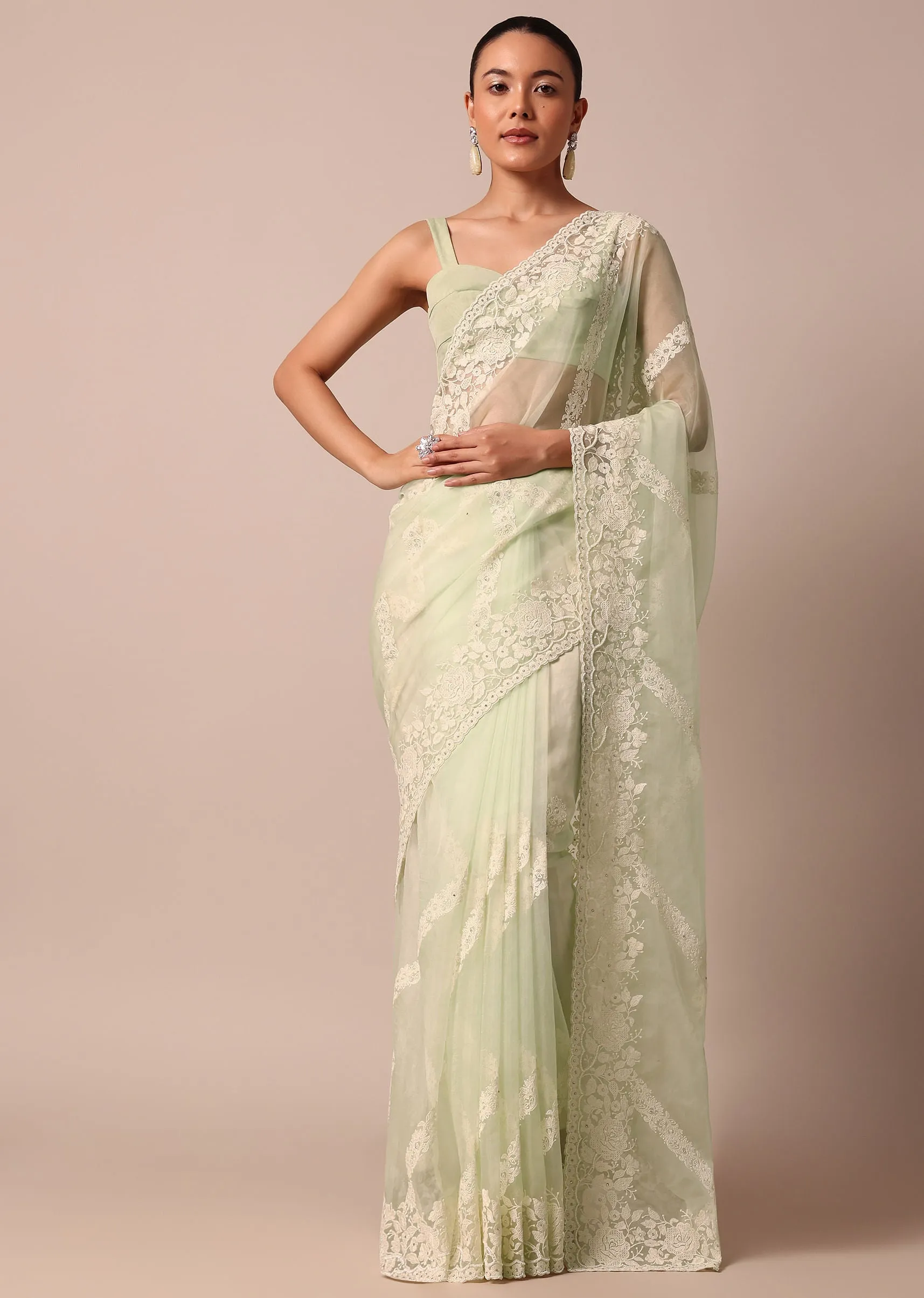 Green Chikankari Saree In Organza Silk With Resham Floral Jaal