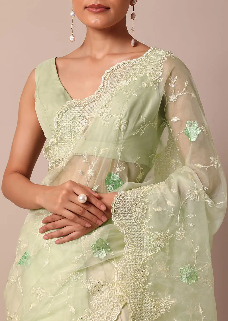 Green Chikankari Saree In Organza Silk With Resham Floral Jaal