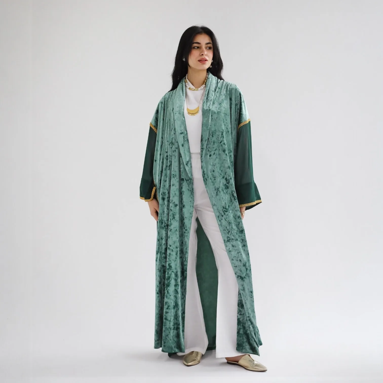Green velvet & chiffon kaftan