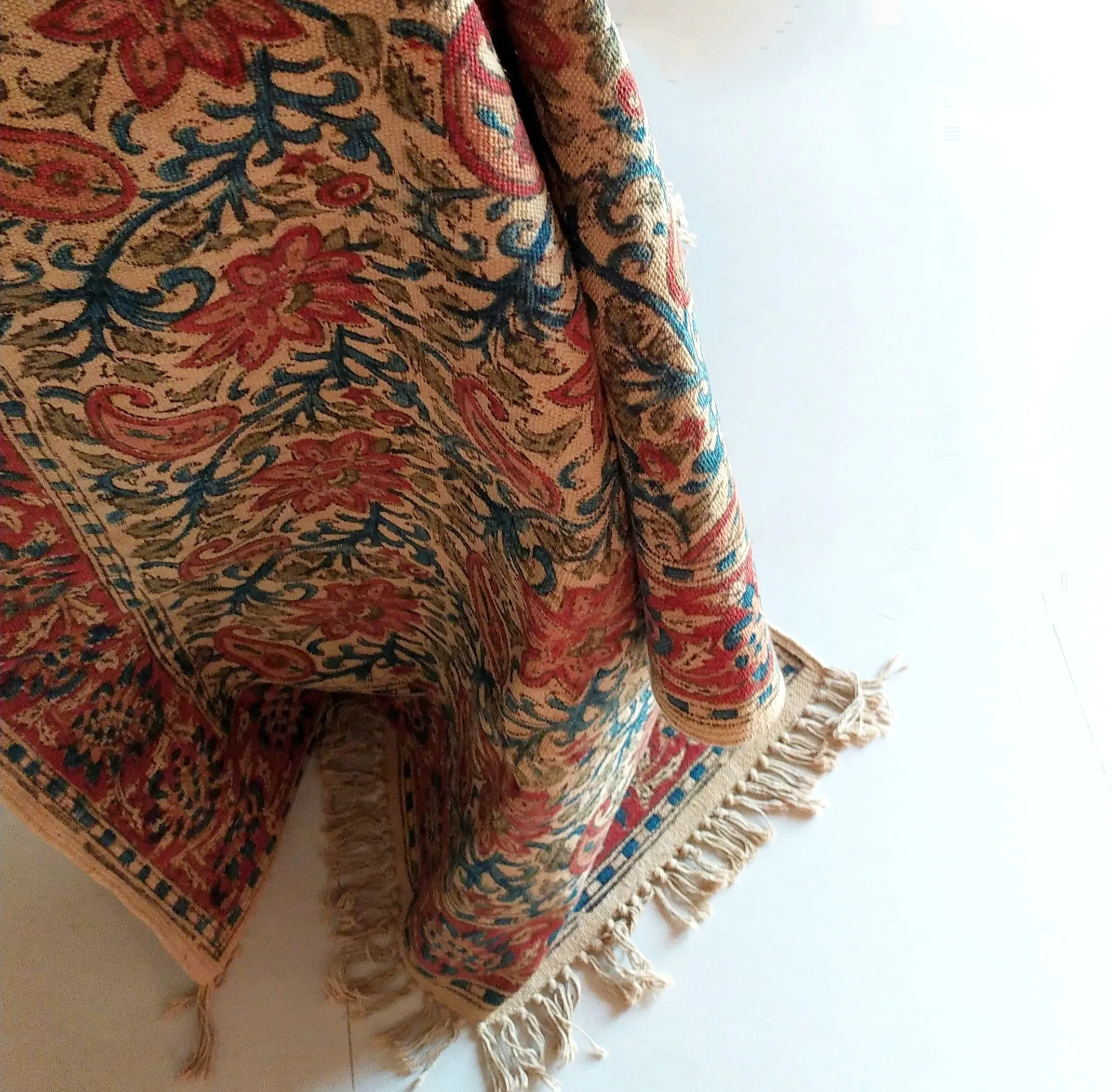 Handwoven Pure Cotton Kalamkari Rug | Dhurrie With Floral Prints In Burgundy & Royal Blue Colours. Length 5 ft x Width 3 ft