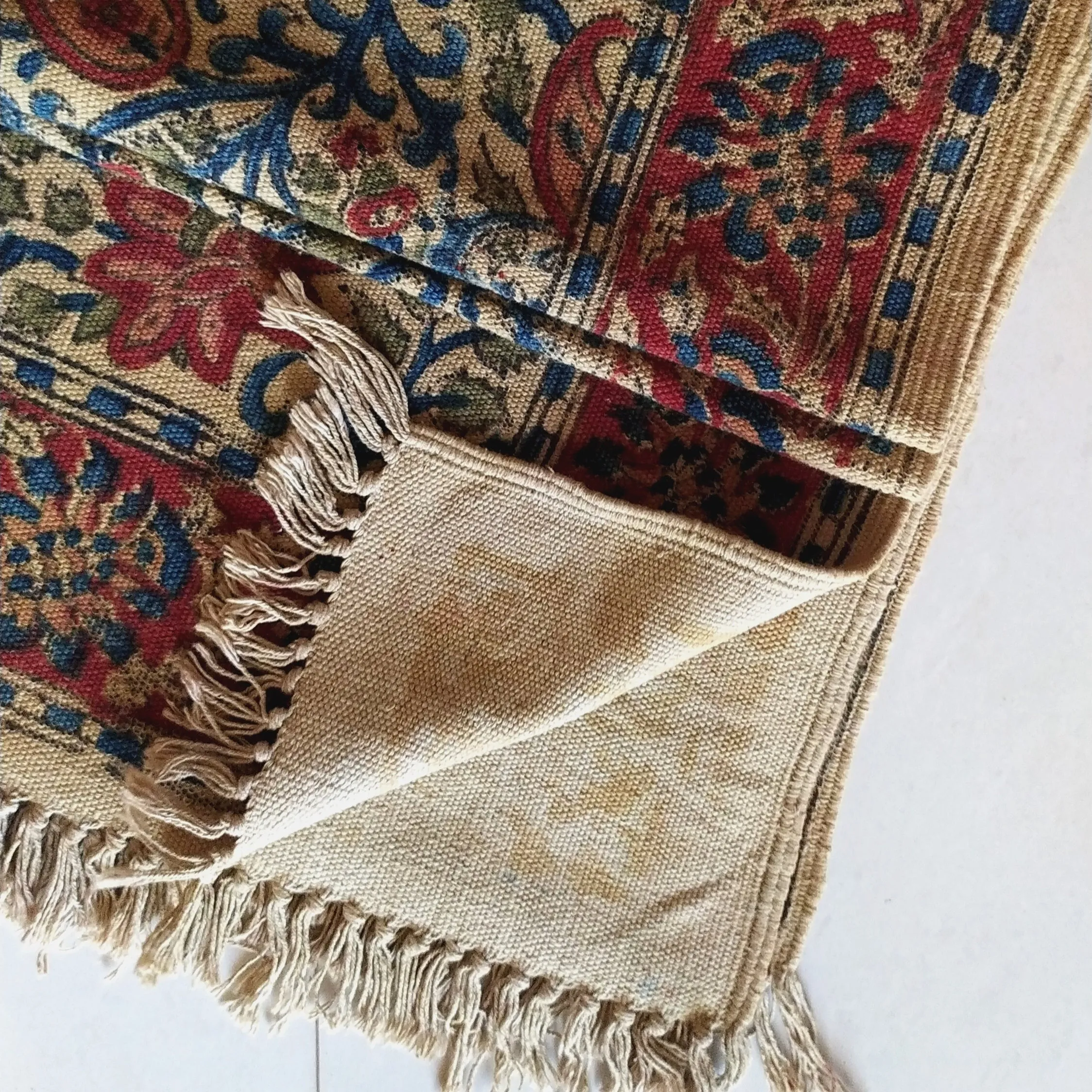 Handwoven Pure Cotton Kalamkari Rug | Dhurrie With Floral Prints In Burgundy & Royal Blue Colours. Length 5 ft x Width 3 ft