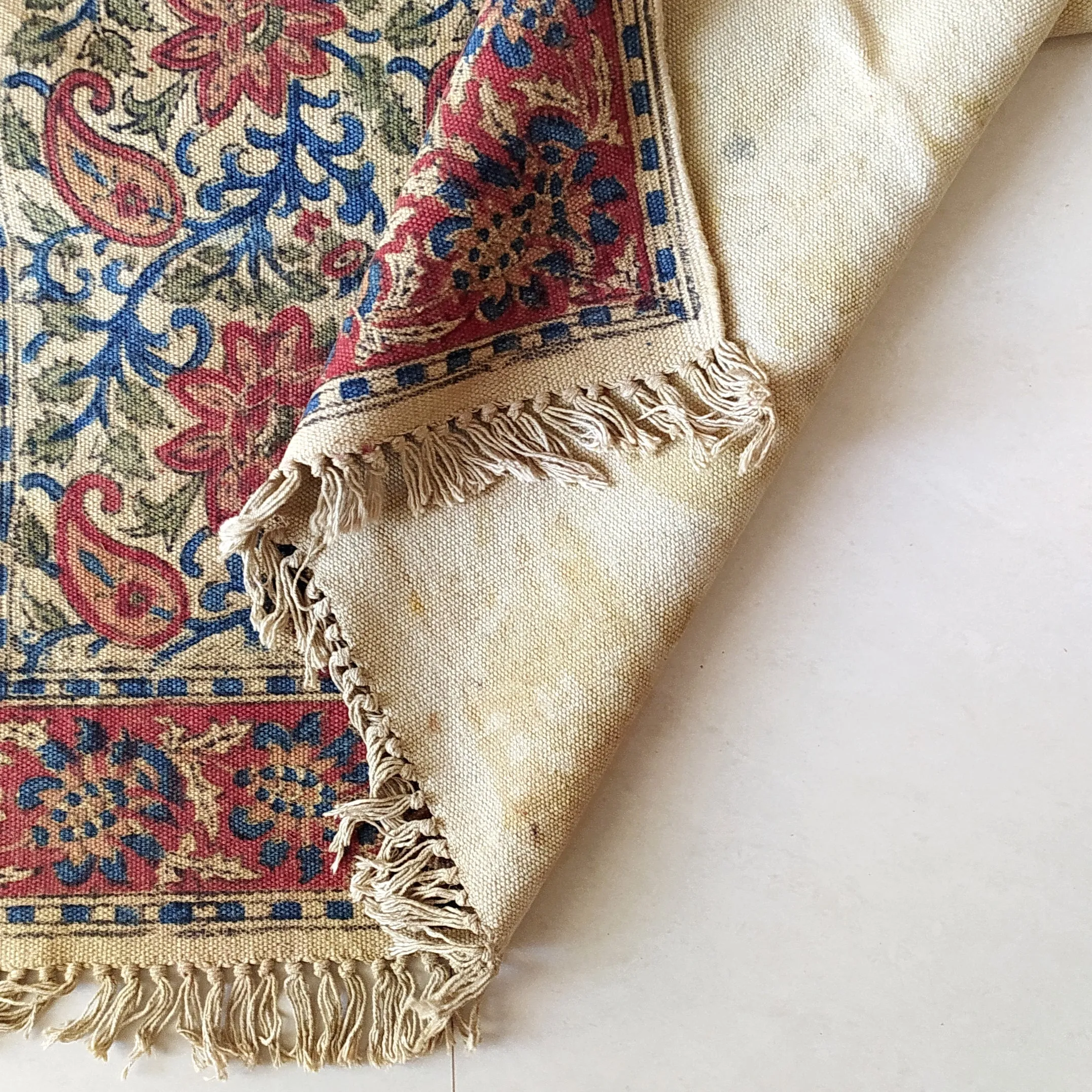 Handwoven Pure Cotton Kalamkari Rug | Dhurrie With Floral Prints In Burgundy & Royal Blue Colours. Length 5 ft x Width 3 ft