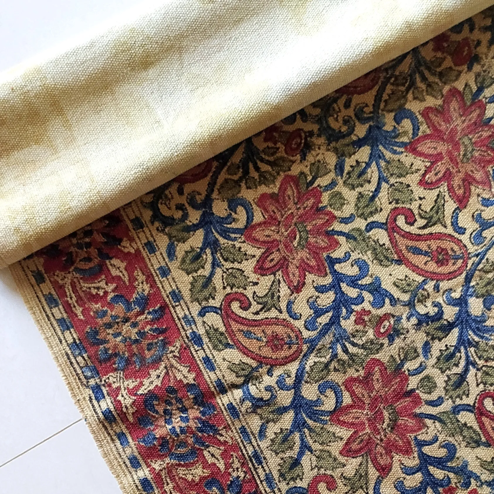 Handwoven Pure Cotton Kalamkari Rug | Dhurrie With Floral Prints In Burgundy & Royal Blue Colours. Length 5 ft x Width 3 ft