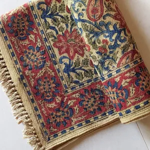 Handwoven Pure Cotton Kalamkari Rug | Dhurrie With Floral Prints In Burgundy & Royal Blue Colours. Length 5 ft x Width 3 ft