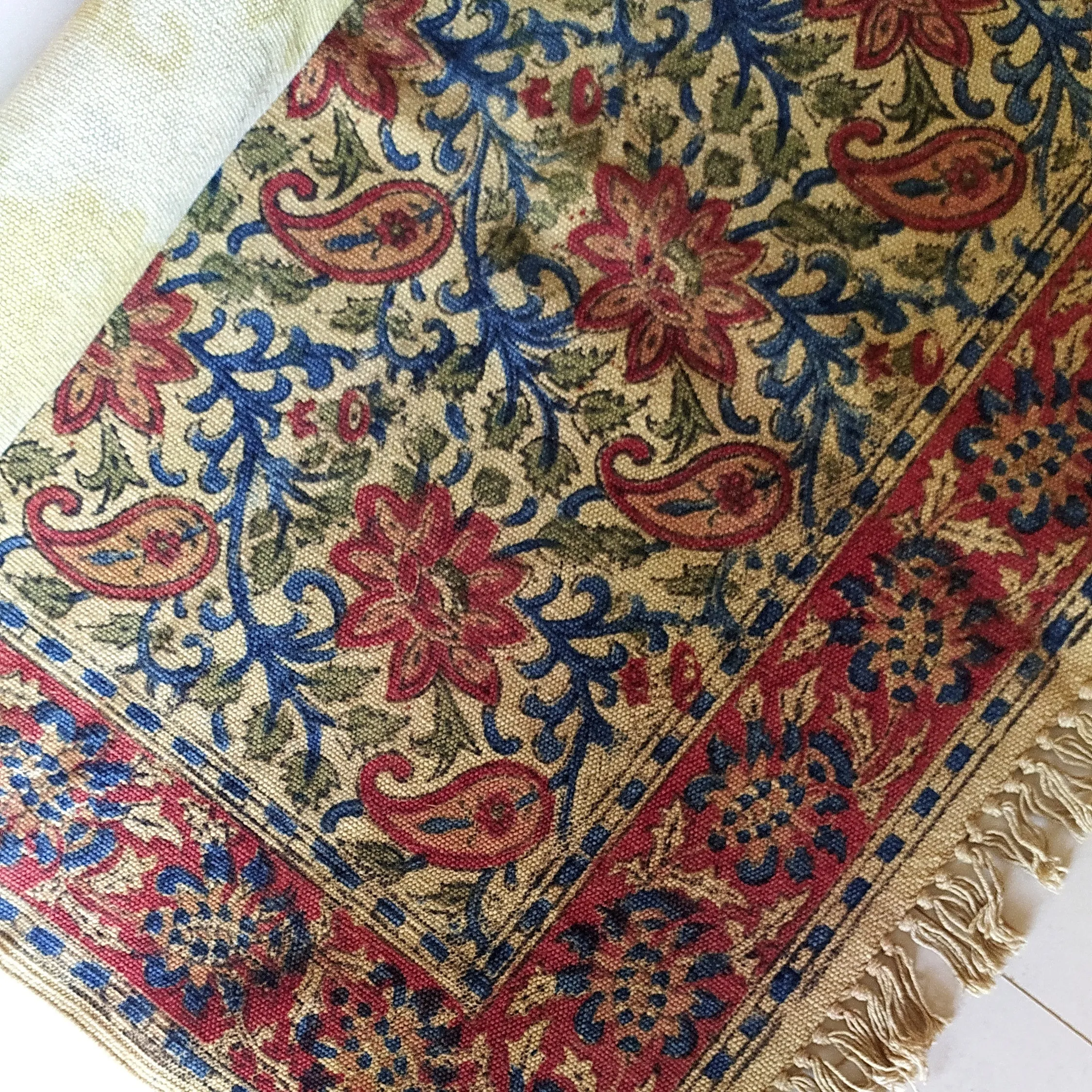 Handwoven Pure Cotton Kalamkari Rug | Dhurrie With Floral Prints In Burgundy & Royal Blue Colours. Length 5 ft x Width 3 ft