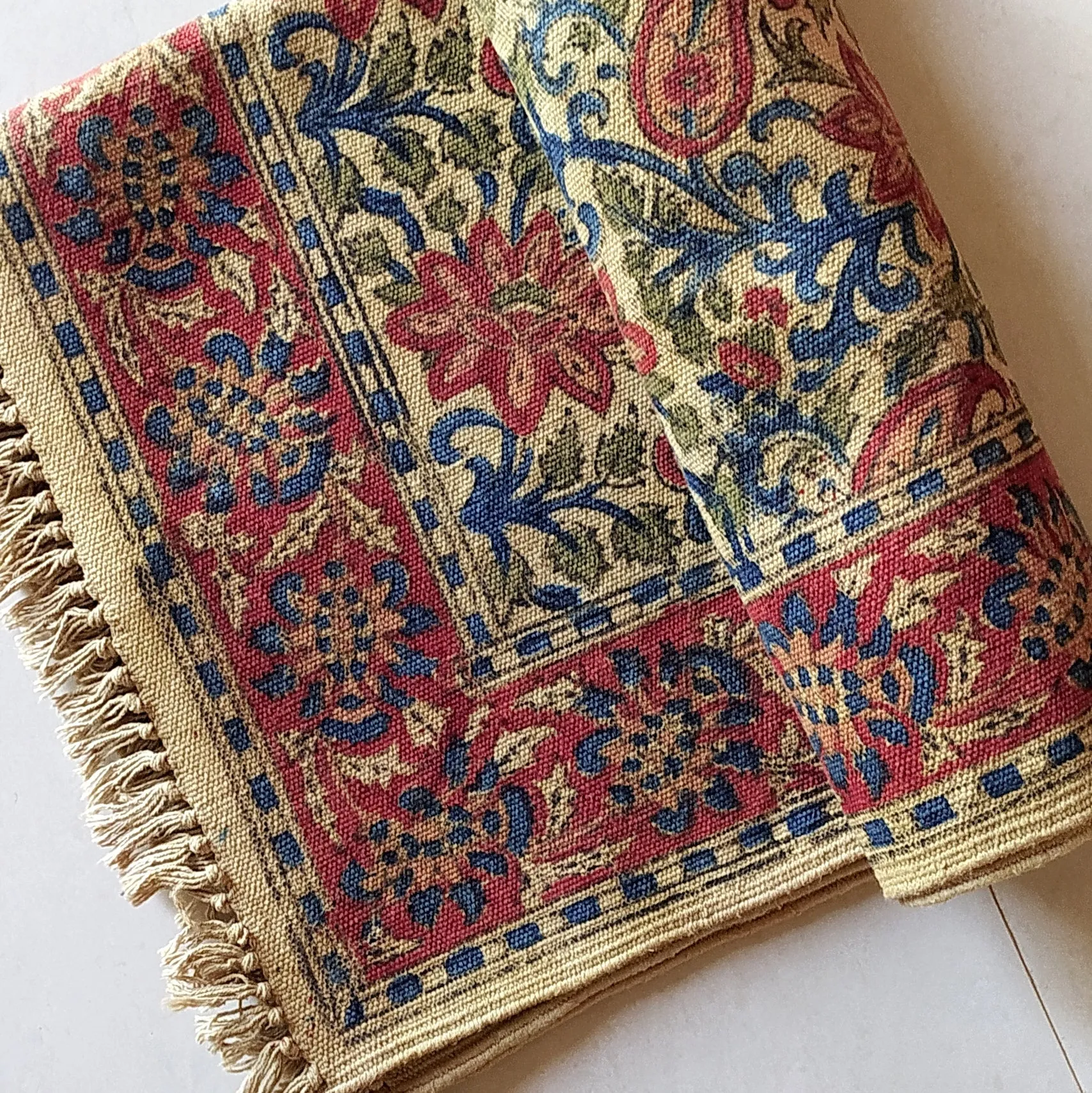 Handwoven Pure Cotton Kalamkari Rug | Dhurrie With Floral Prints In Burgundy & Royal Blue Colours. Length 5 ft x Width 3 ft