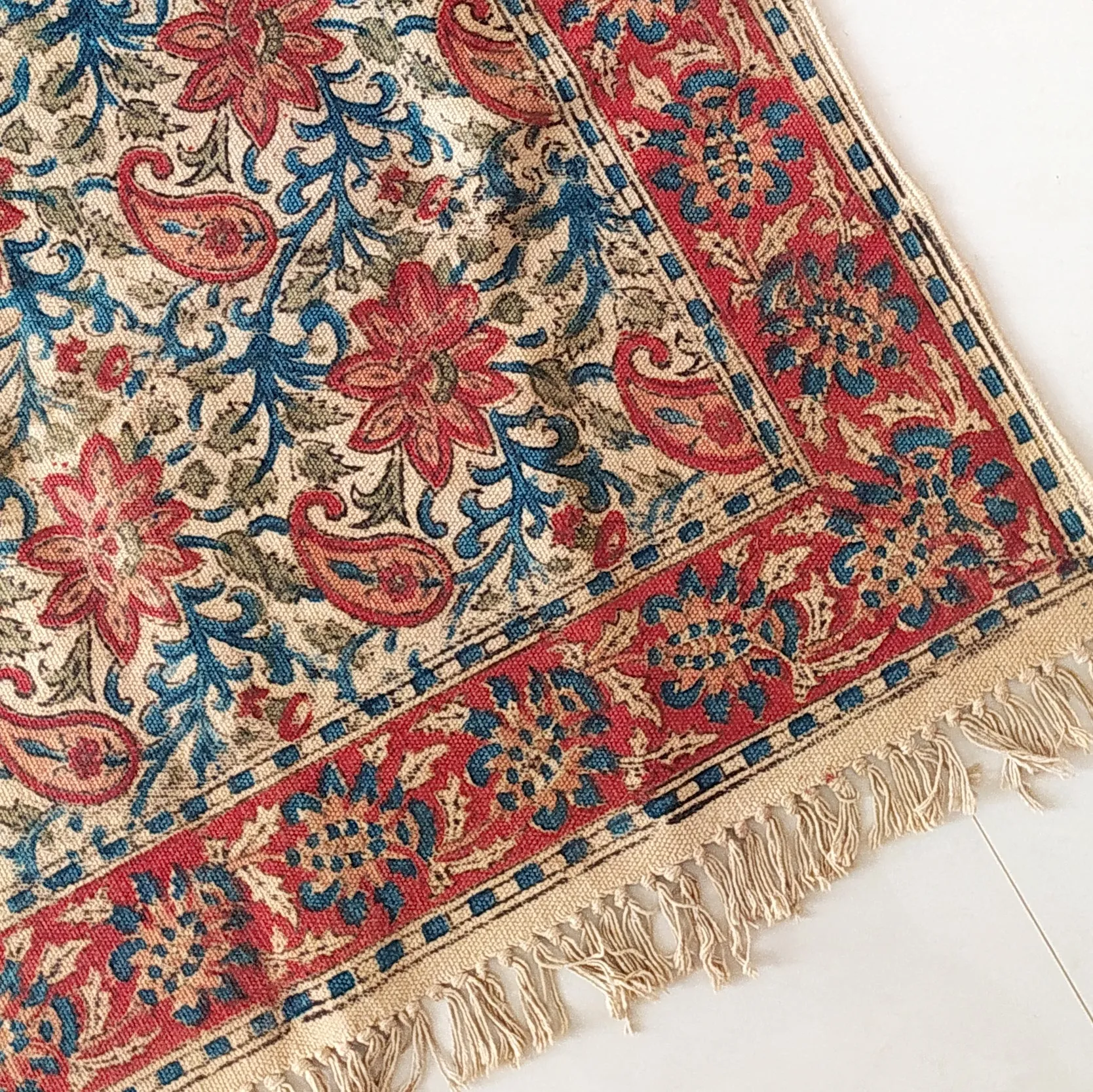 Handwoven Pure Cotton Kalamkari Rug | Dhurrie With Floral Prints In Burgundy & Royal Blue Colours. Length 5 ft x Width 3 ft