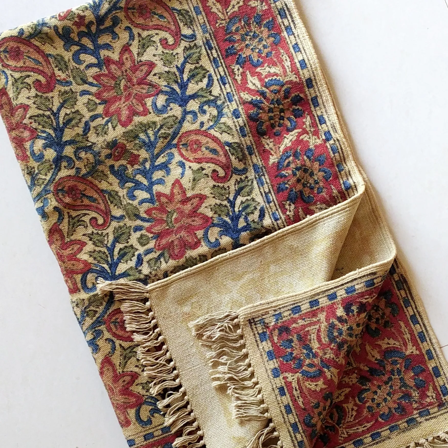 Handwoven Pure Cotton Kalamkari Rug | Dhurrie With Floral Prints In Burgundy & Royal Blue Colours. Length 5 ft x Width 3 ft