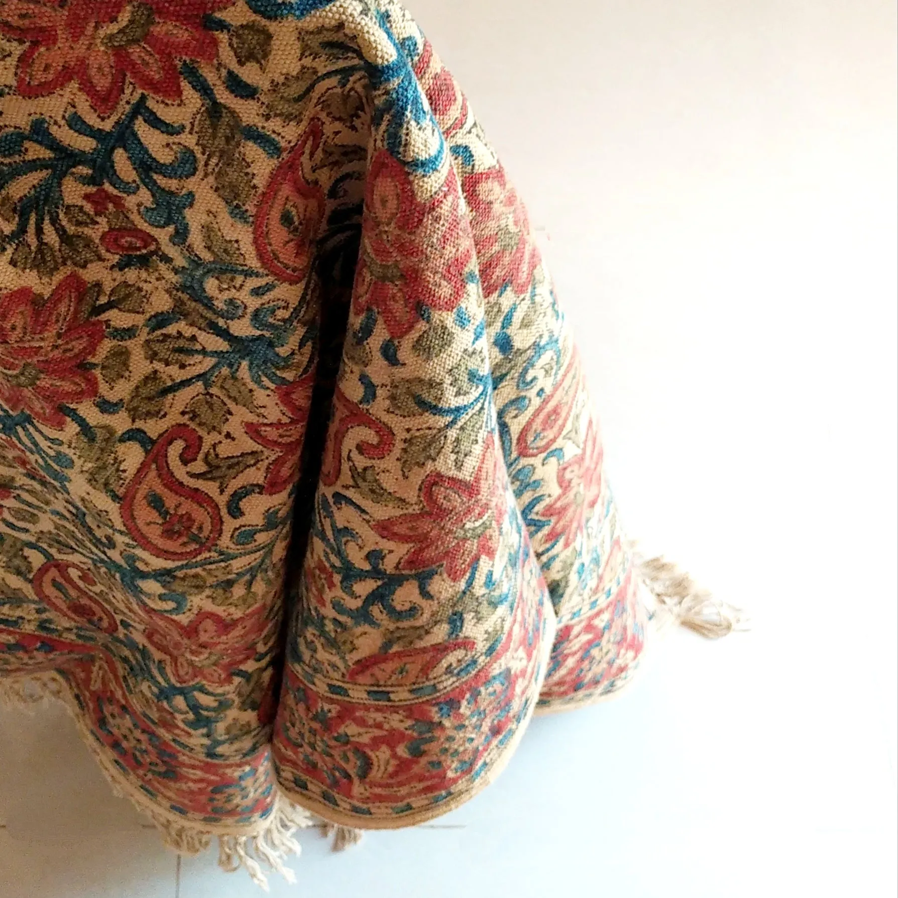 Handwoven Pure Cotton Kalamkari Rug | Dhurrie With Floral Prints In Burgundy & Royal Blue Colours. Length 5 ft x Width 3 ft