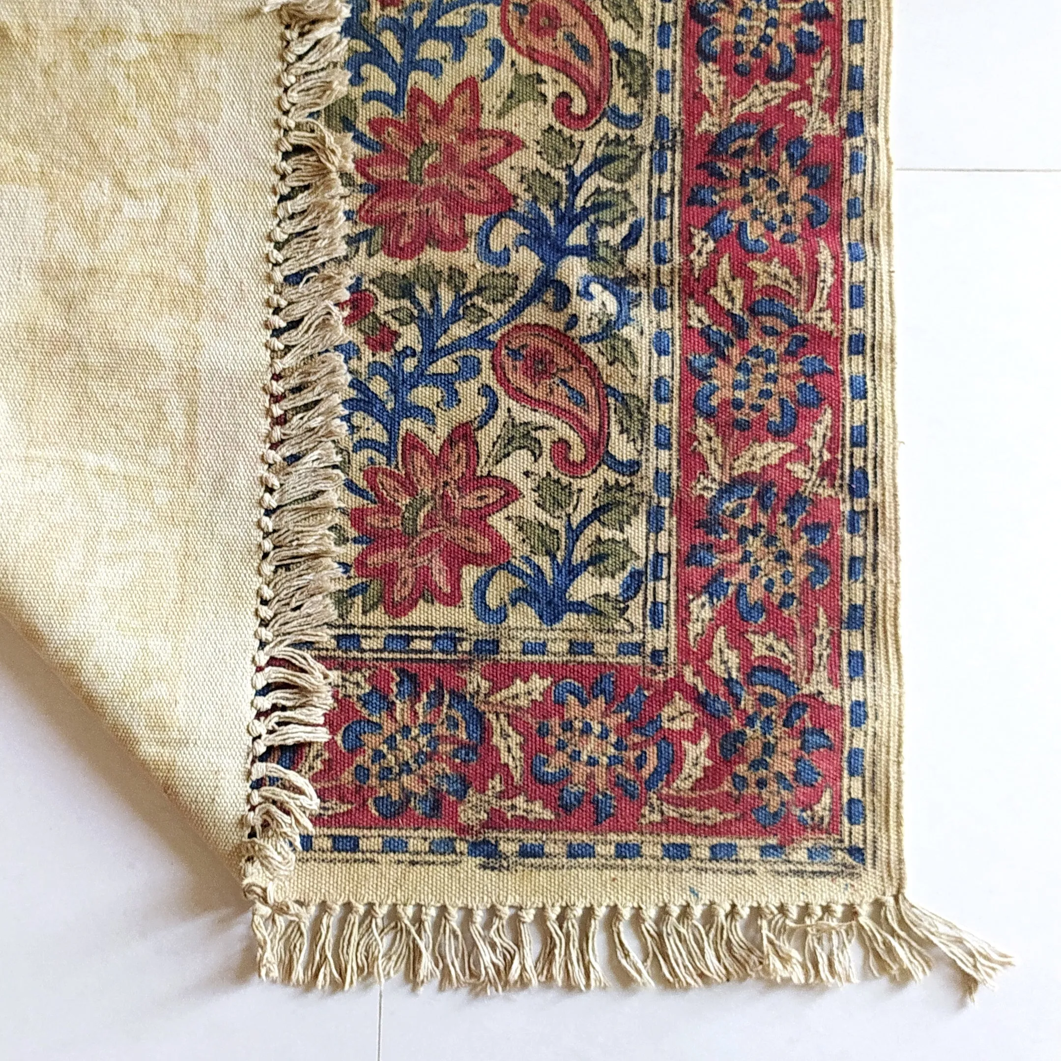 Handwoven Pure Cotton Kalamkari Rug | Dhurrie With Floral Prints In Burgundy & Royal Blue Colours. Length 5 ft x Width 3 ft