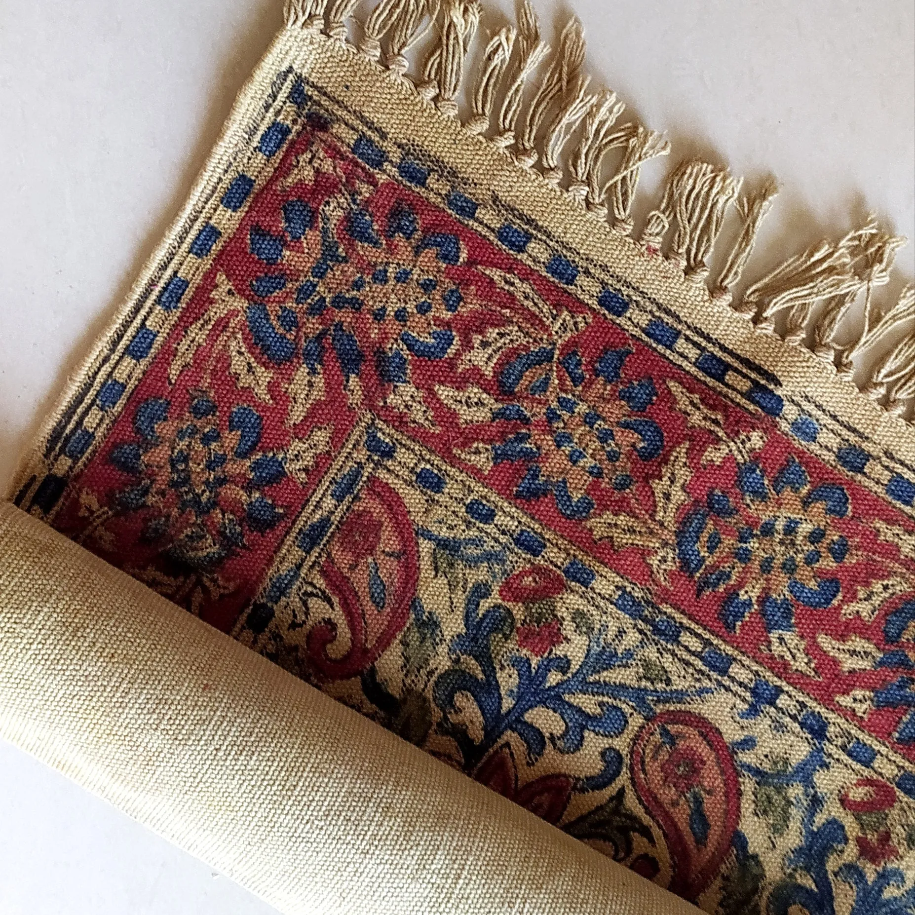 Handwoven Pure Cotton Kalamkari Rug | Dhurrie With Floral Prints In Burgundy & Royal Blue Colours. Length 5 ft x Width 3 ft