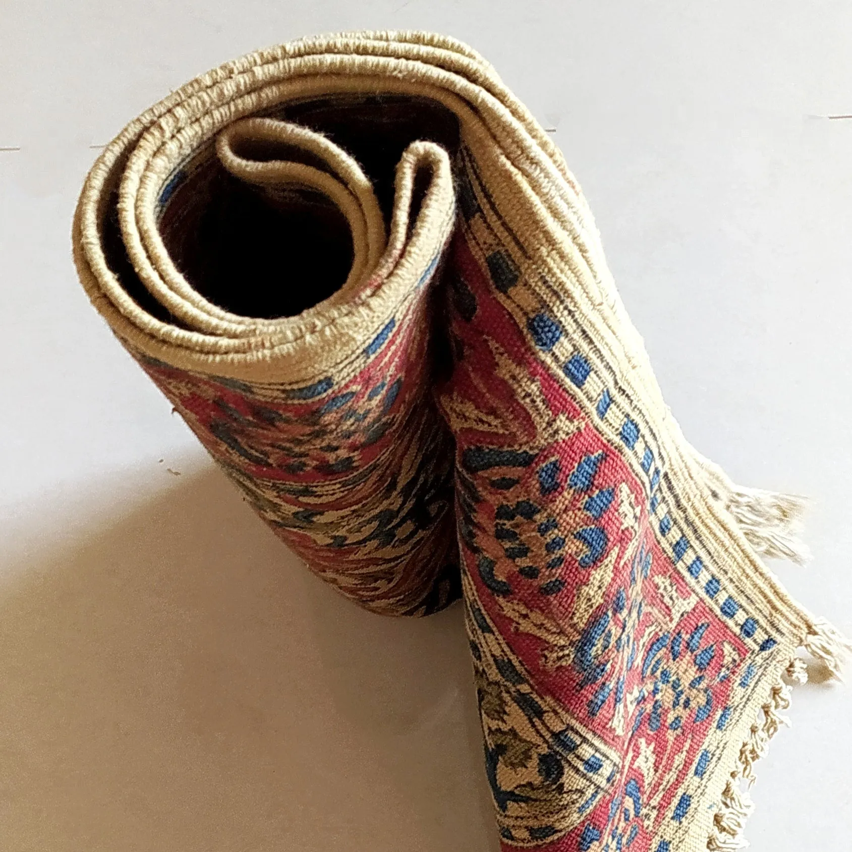Handwoven Pure Cotton Kalamkari Rug | Dhurrie With Floral Prints In Burgundy & Royal Blue Colours. Length 5 ft x Width 3 ft