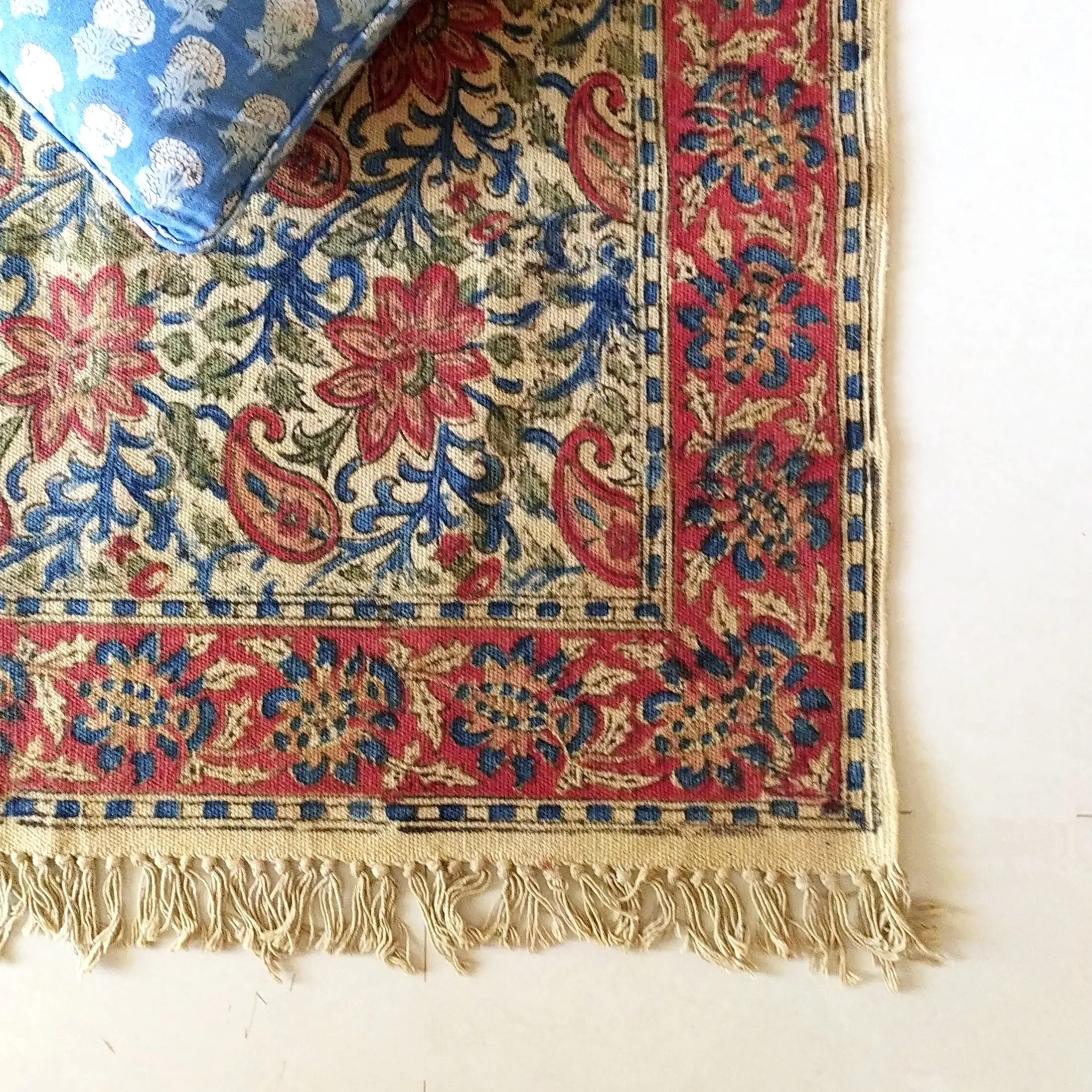 Handwoven Pure Cotton Kalamkari Rug | Dhurrie With Floral Prints In Burgundy & Royal Blue Colours. Length 5 ft x Width 3 ft