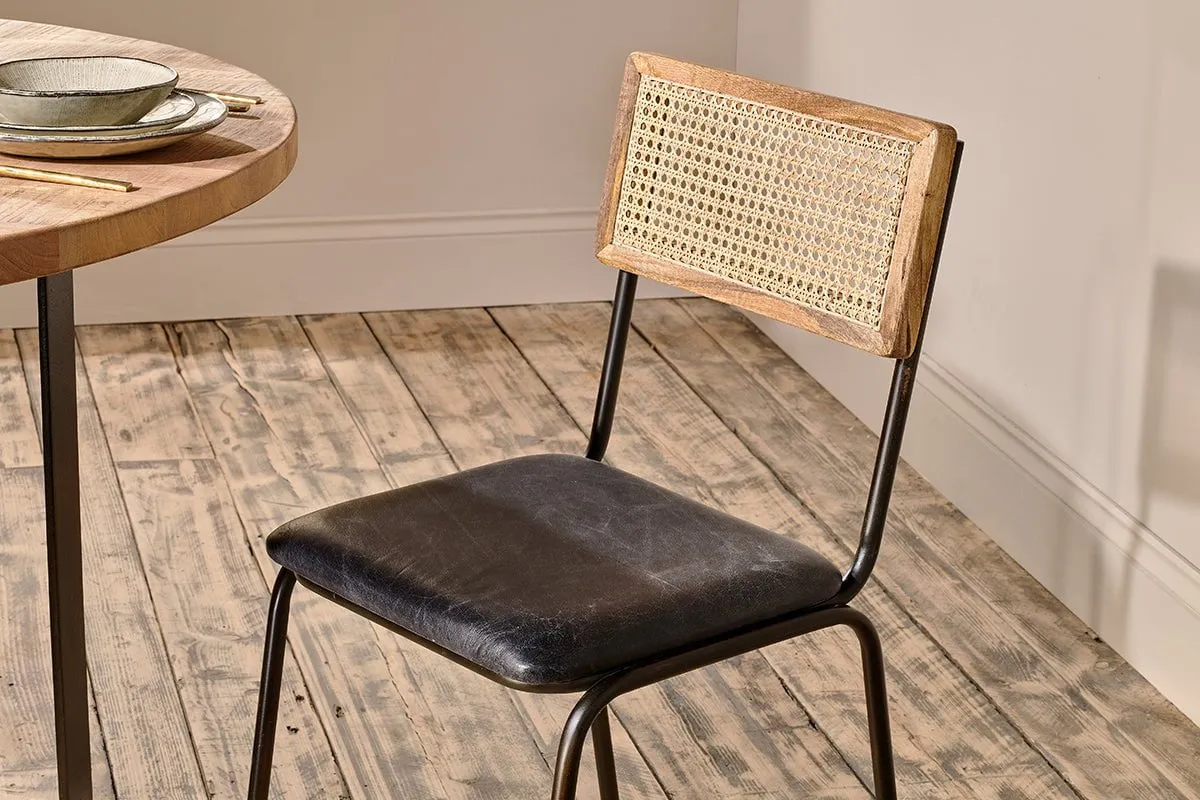 Iswa Leather & Cane Dining Chair - Black