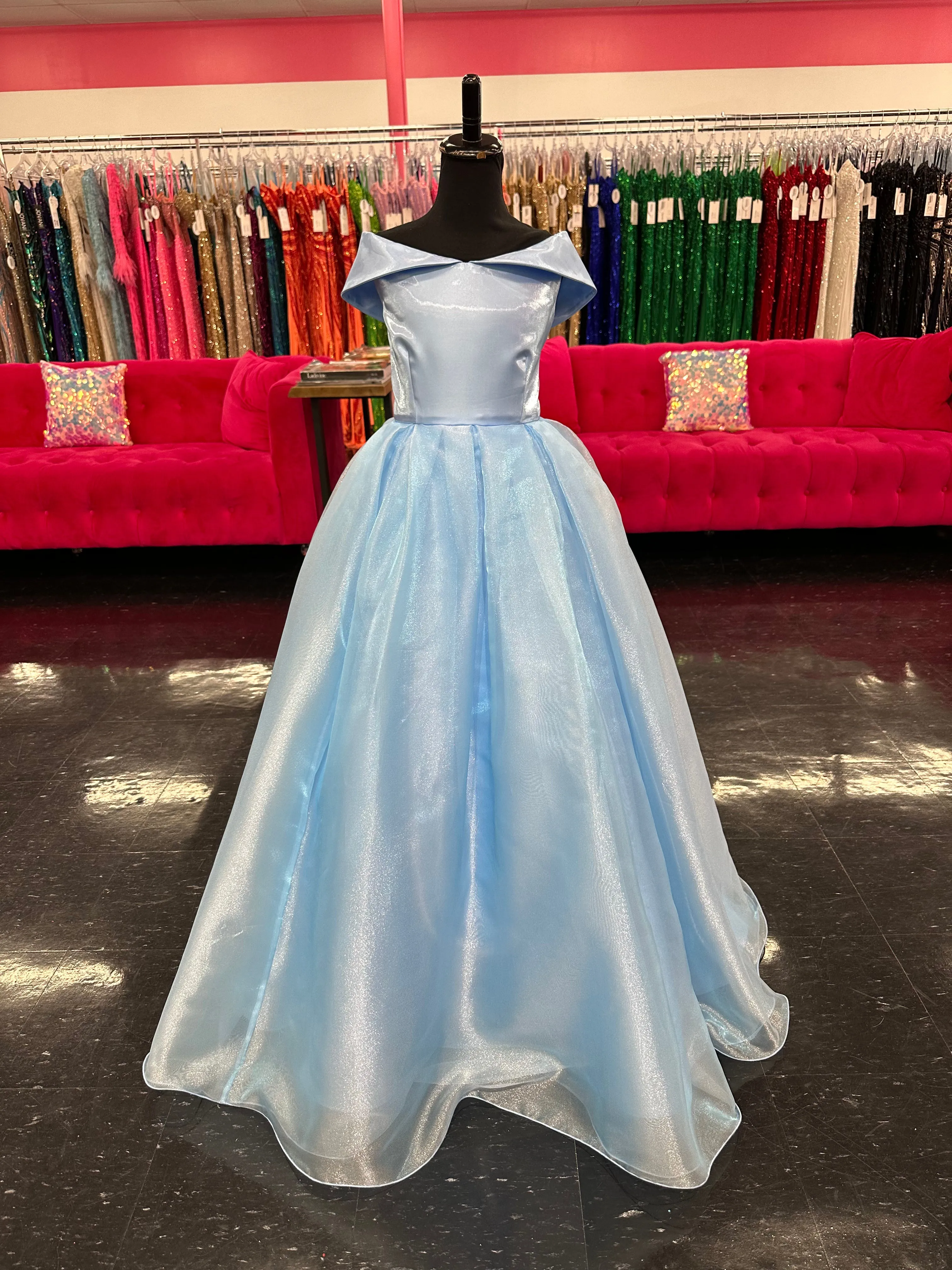 Marc Defang 5059 Size 14 Light Blue Girls Long off the shoulder A line Ballgown Princess Pageant Formal Wear