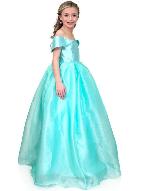 Marc Defang 5059 Size 14 Light Blue Girls Long off the shoulder A line Ballgown Princess Pageant Formal Wear
