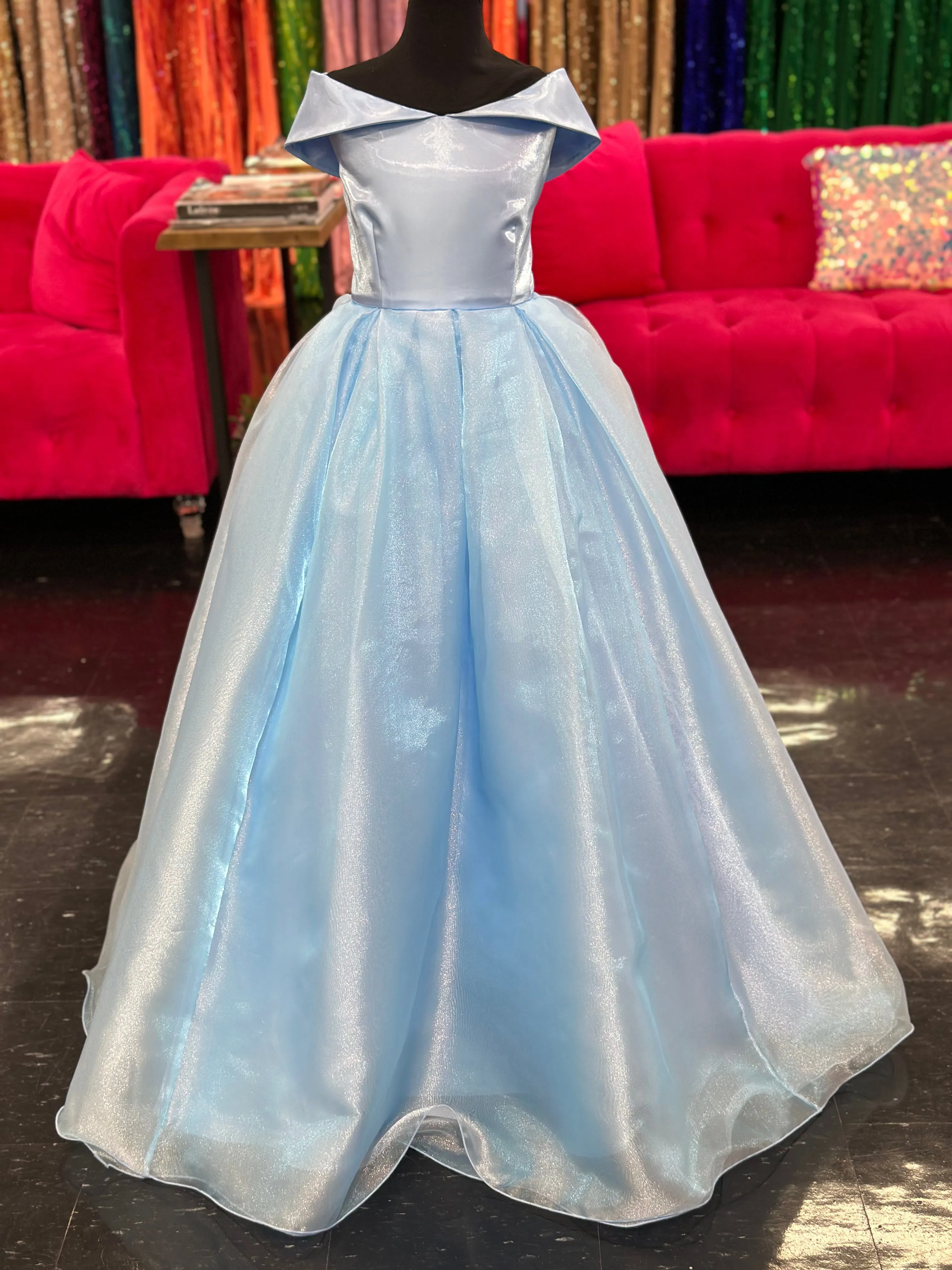 Marc Defang 5059 Size 14 Light Blue Girls Long off the shoulder A line Ballgown Princess Pageant Formal Wear