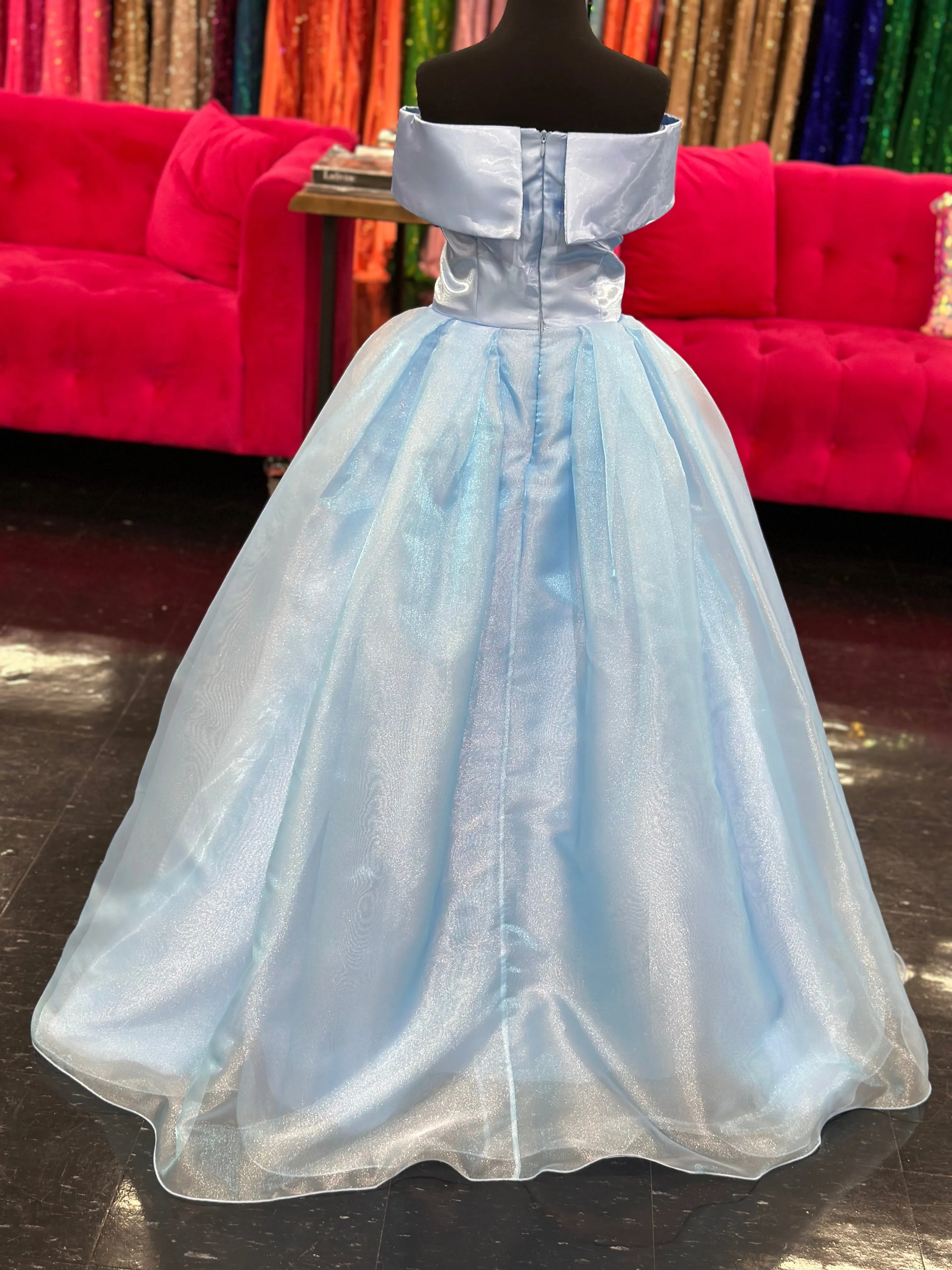 Marc Defang 5059 Size 14 Light Blue Girls Long off the shoulder A line Ballgown Princess Pageant Formal Wear