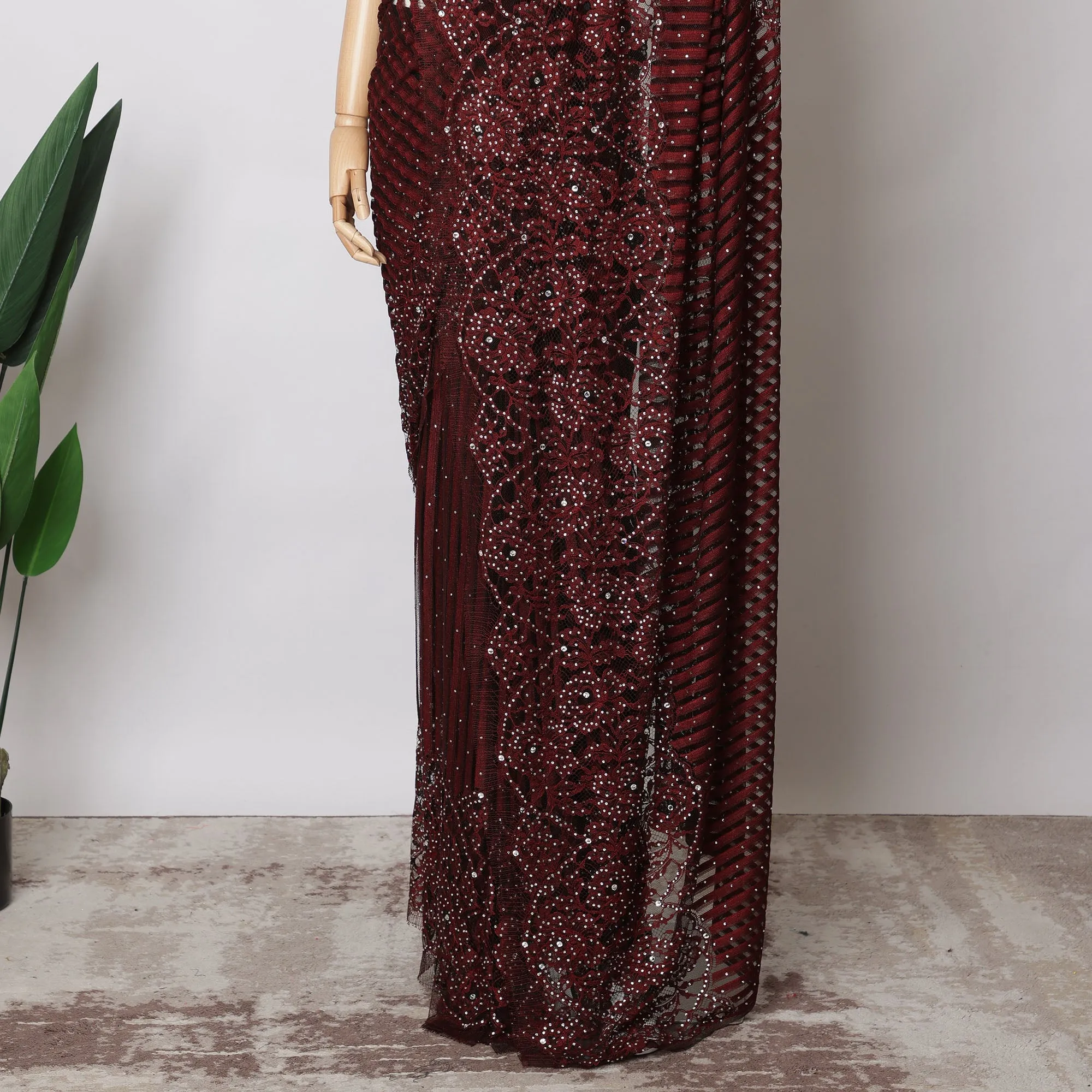 Maroon French Chantilly Lace Fabric with Stone Work, 5.5 Meters-110 Cms-D21033