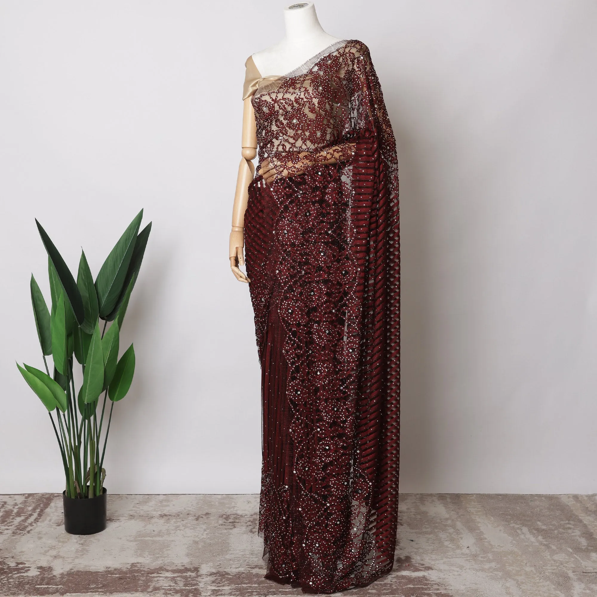 Maroon French Chantilly Lace Fabric with Stone Work, 5.5 Meters-110 Cms-D21033