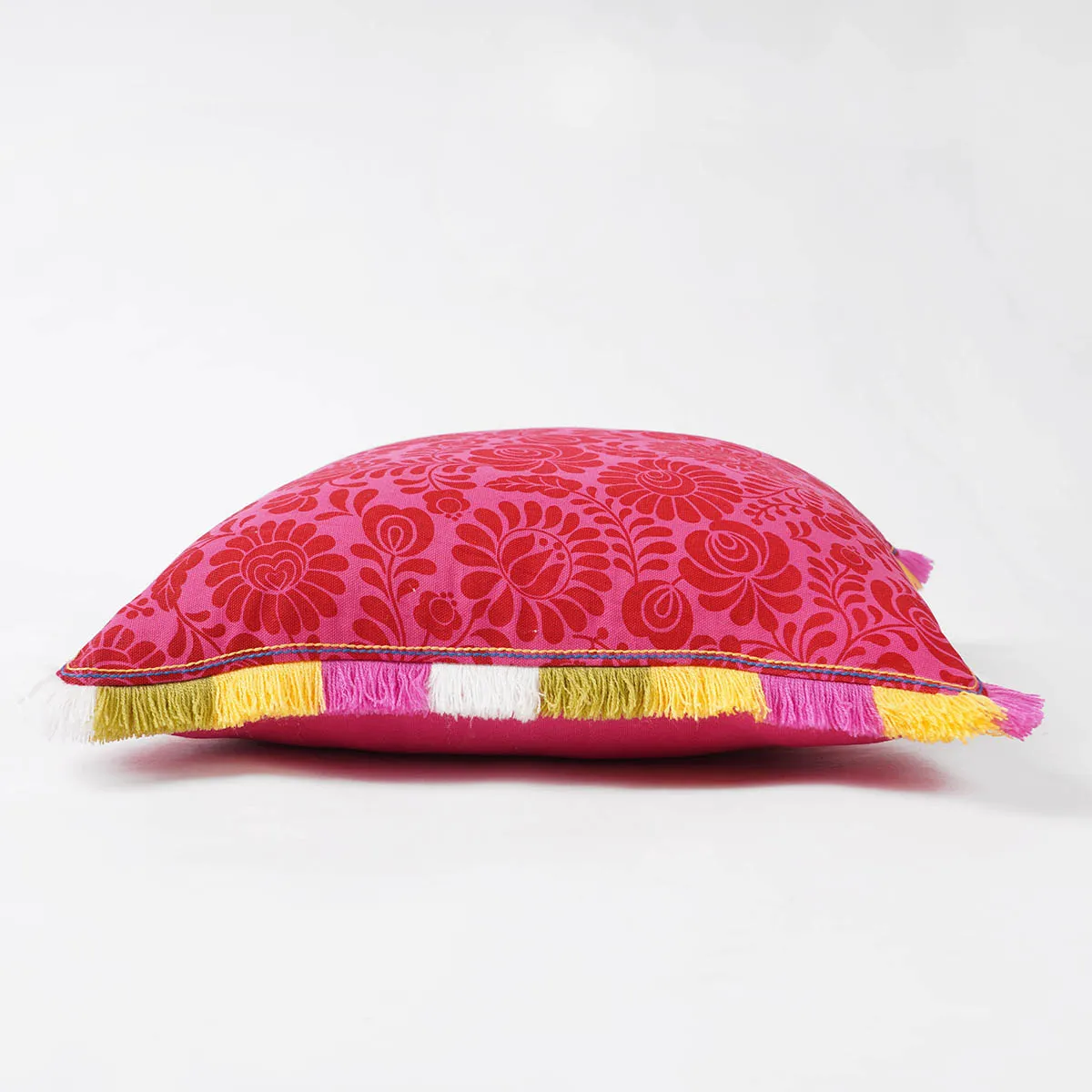 MATYO - Hot Pink printed cotton Pillow cover with multicolour acrylic fringe, sizes available