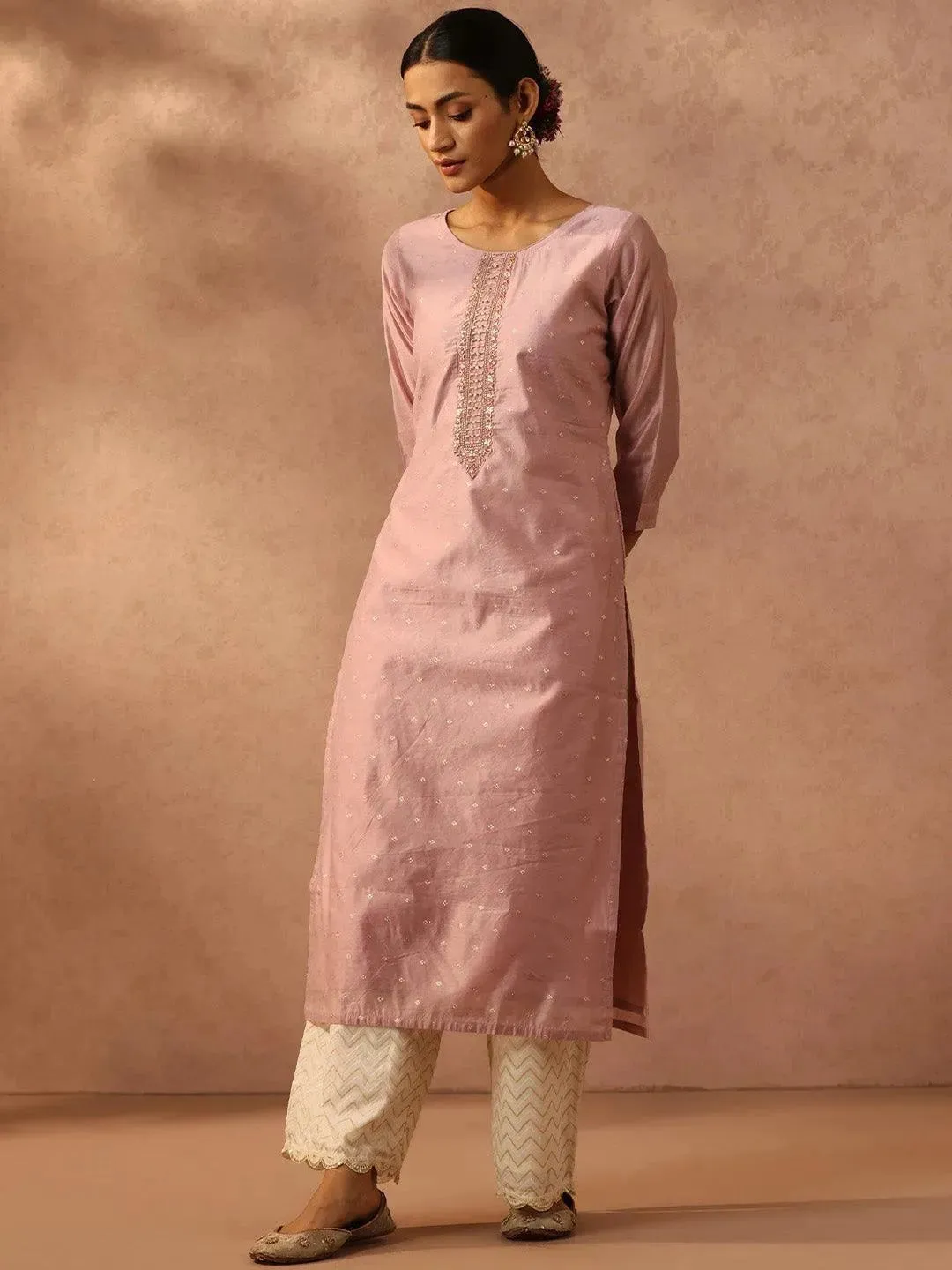 Mauve Embroidered Chanderi Silk Straight Kurta