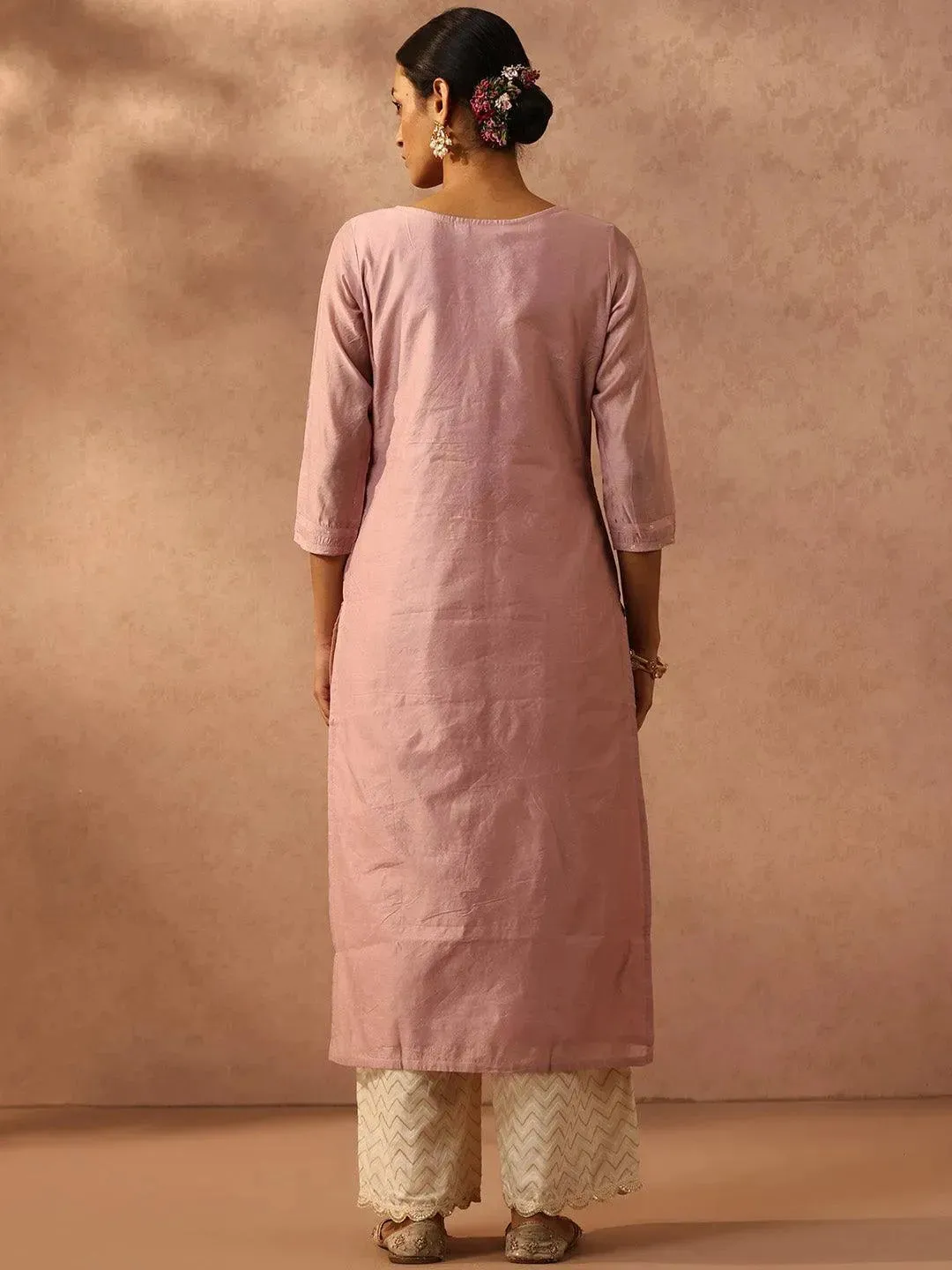 Mauve Embroidered Chanderi Silk Straight Kurta