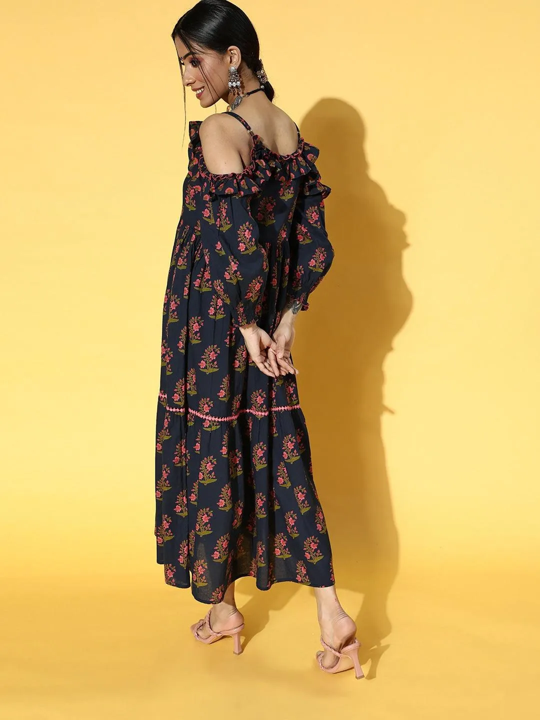 Navy Blue Floral Printed Dress