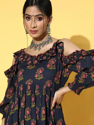 Navy Blue Floral Printed Dress